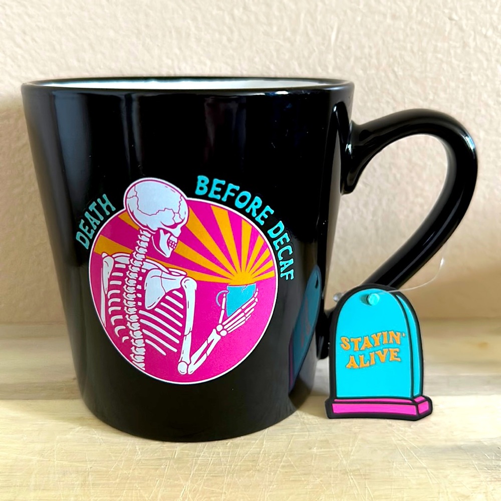 18 oz Death Before Decaf skeleton black ceramic mug